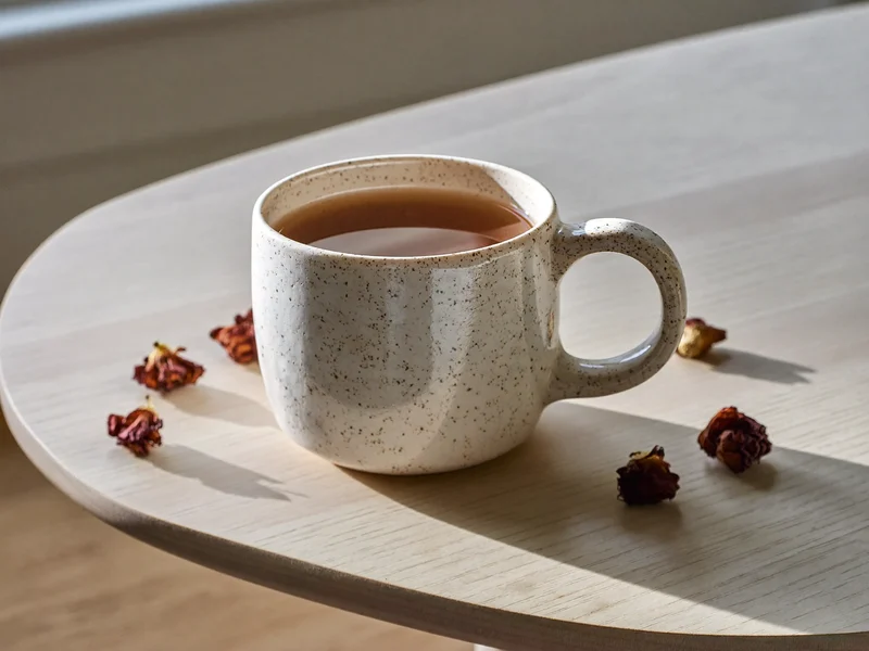 Illustration einer gesprenkelten Keramiktasse mit Trockenblumen auf hellem Holztisch