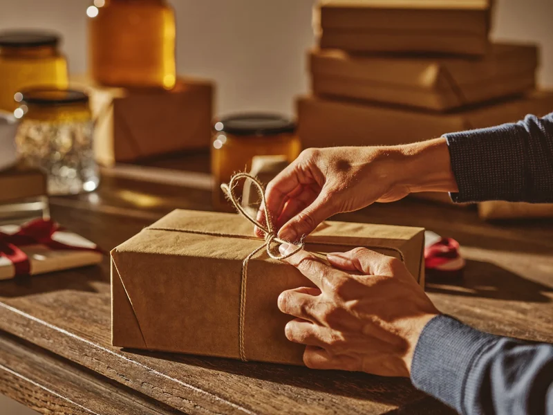 Illustration von Händen, die ein Geschenk in Kraftpapier mit Kordel verpacken